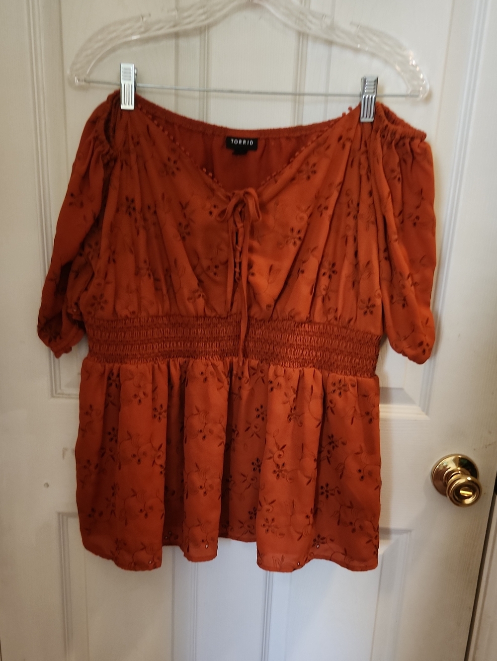 torrid rust orange off-shoulder eyelet peplum top